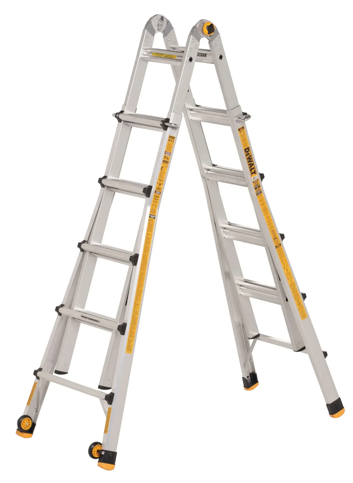 A DEWALT multi-position aluminum ladder with wheels, shown in an A-frame configuration against a white background.