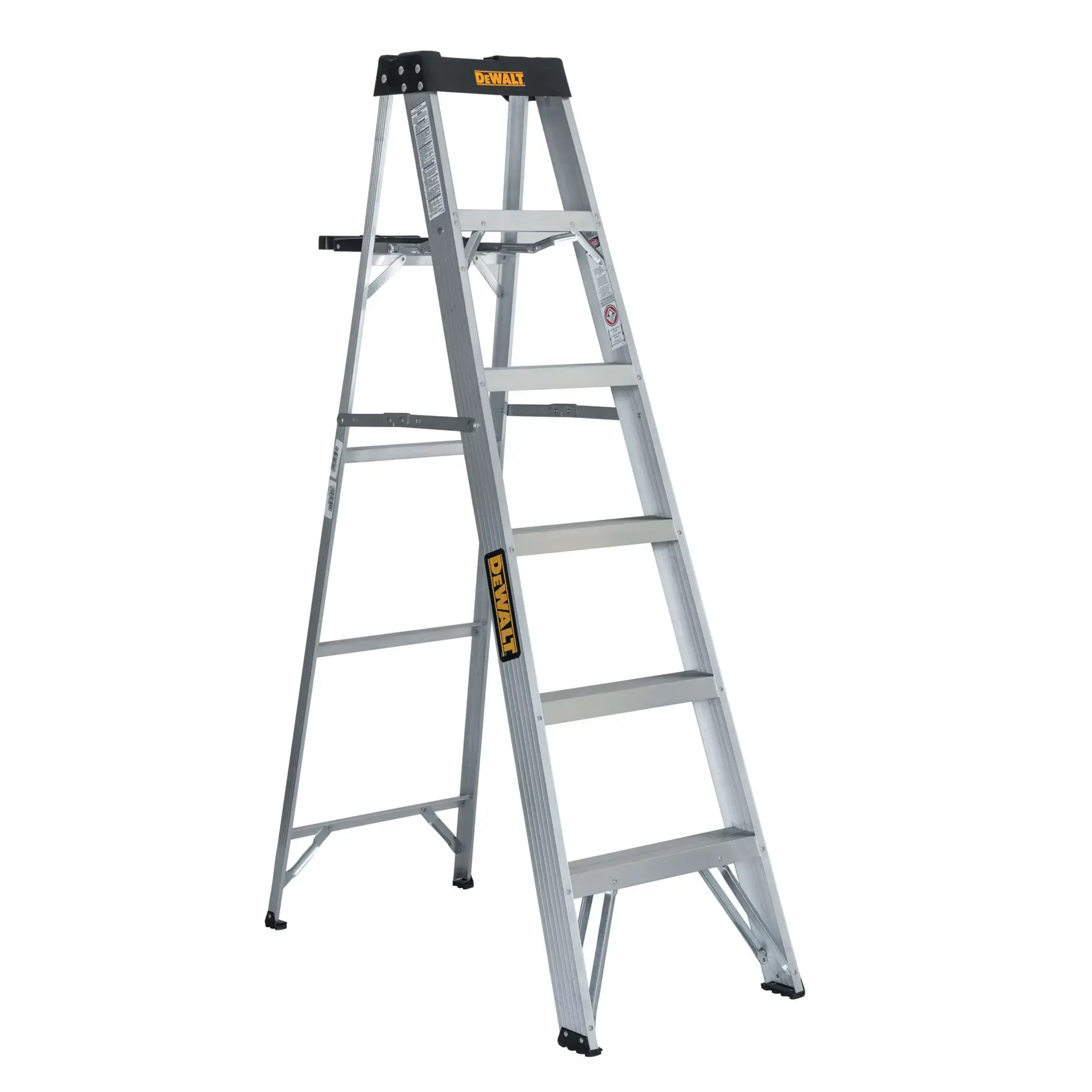 A silver aluminum step ladder with four steps and a black top, featuring DEWALT branding on the top and side. The ladder is standing upright against a plain white background.