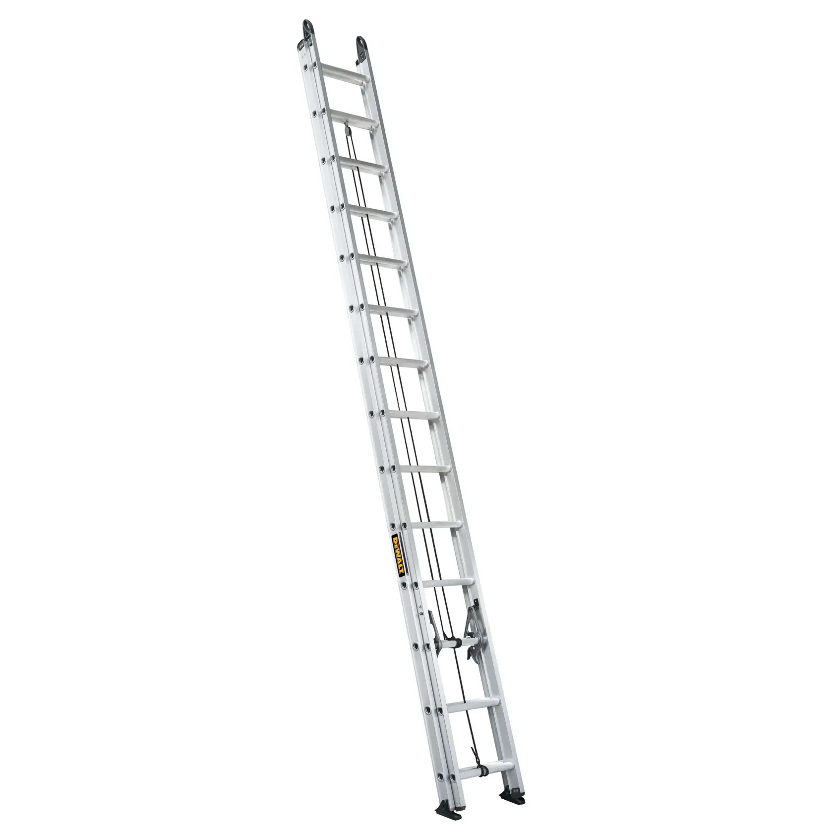 An aluminum extension ladder with slip-resistant rungs and rubber feet, shown standing upright. The ladder is branded DEWALT.