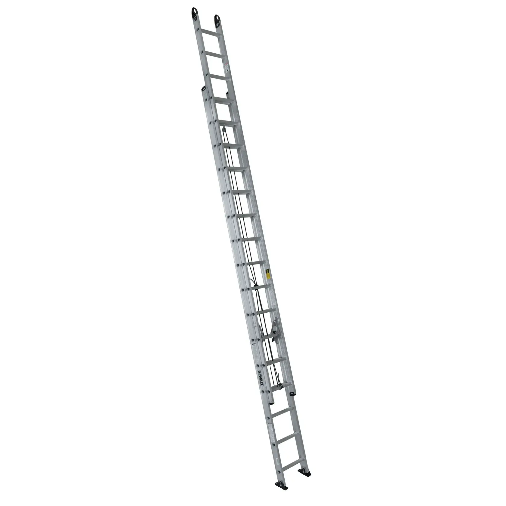 A tall, silver extendable aluminum ladder, photographed against a white background.