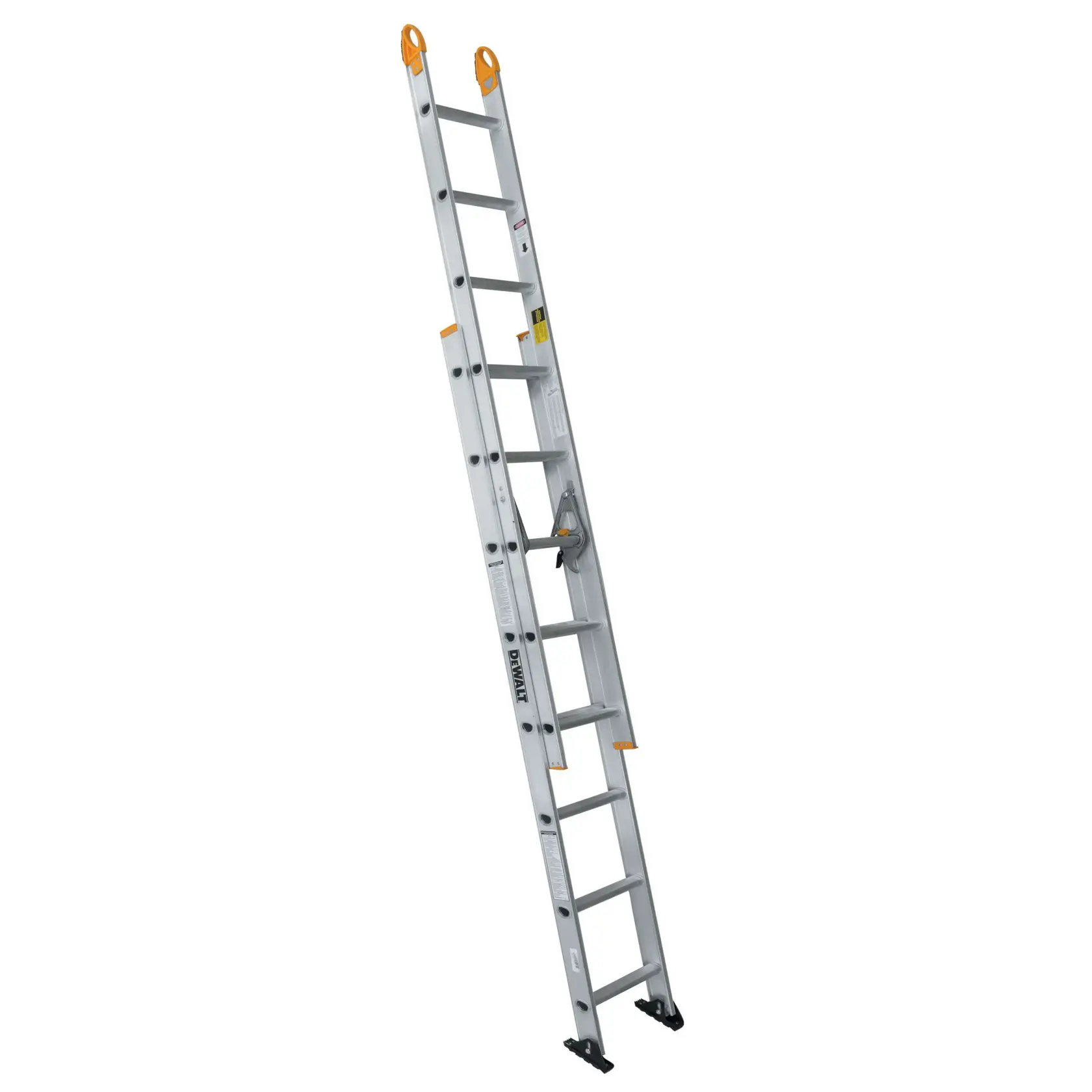 A DEWALT aluminum extension ladder with safety features and anti-slip feet, shown upright on a white background.
