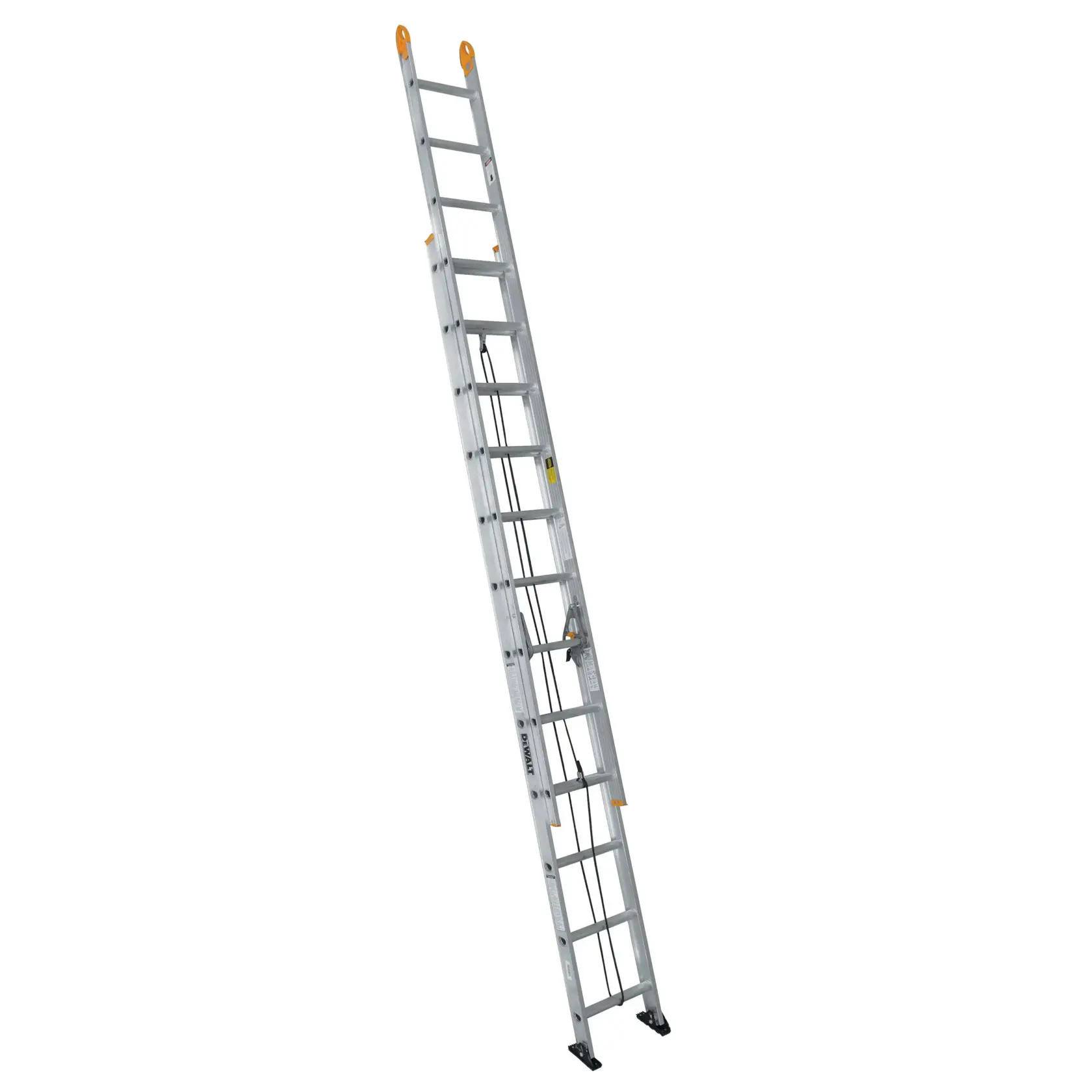 A tall, silver aluminum extension ladder with multiple rungs, featuring black stabilizer feet and orange safety caps at the top. The ladder is branded DEWALT and is shown against a white background.