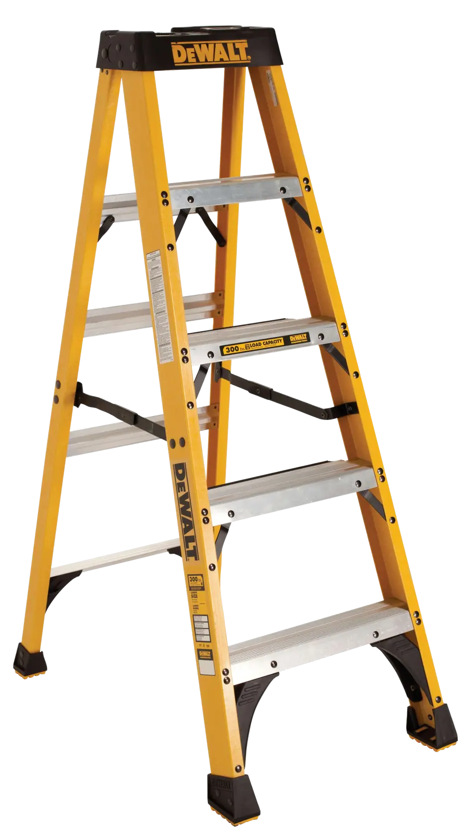 A yellow and black DEWALT step ladder with aluminum steps, shown standing on a white background.