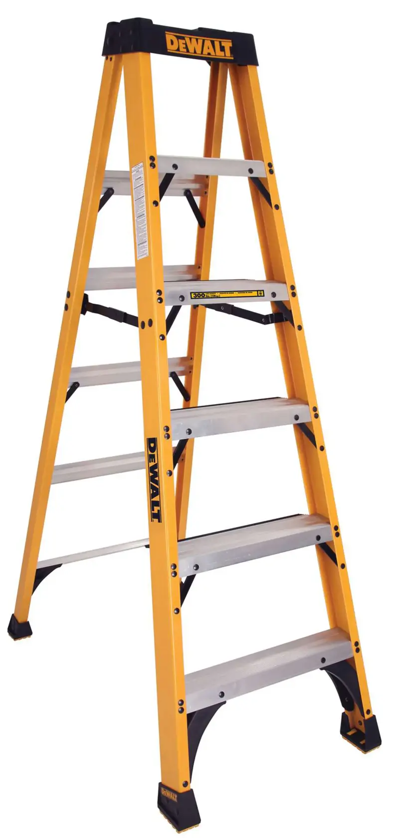 A yellow DEWALT step ladder with black accents and five silver steps, standing open on a white background.