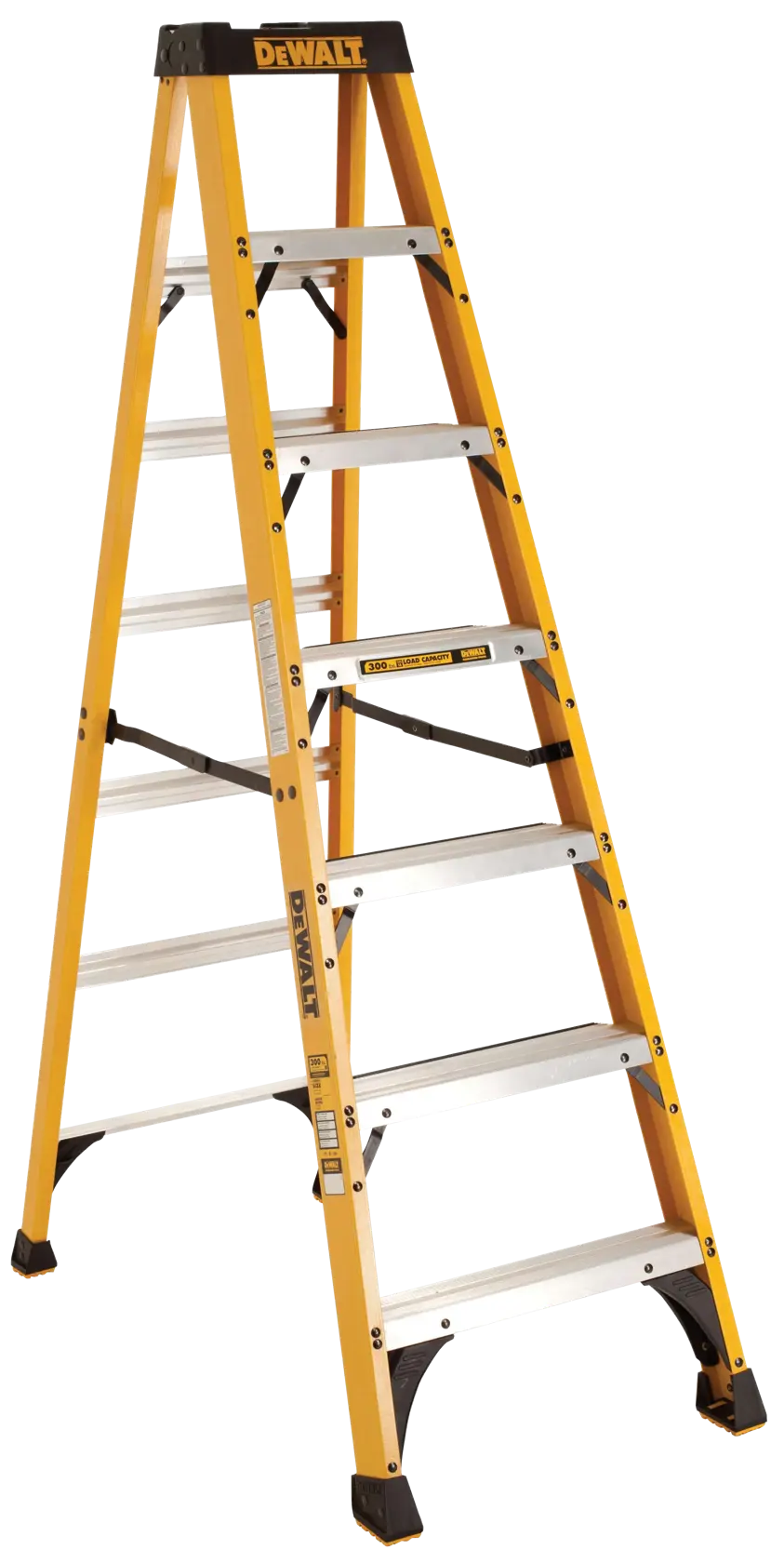 A yellow DEWALT step ladder with seven steps, made of metal and plastic, shown standing upright against a white background.