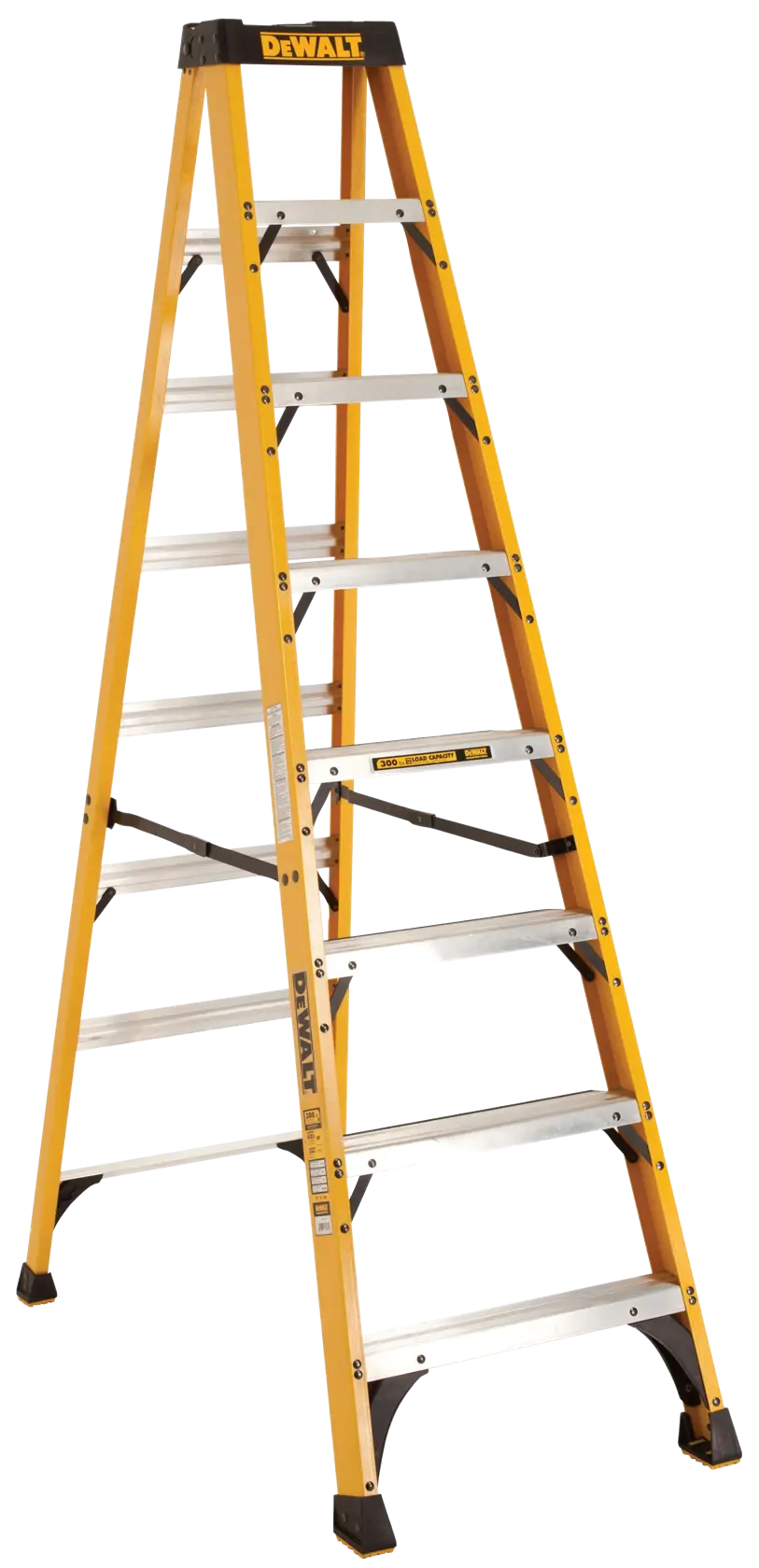 A yellow DEWALT step ladder with eight steps, made of metal and fiberglass. The ladder stands upright on a white background.