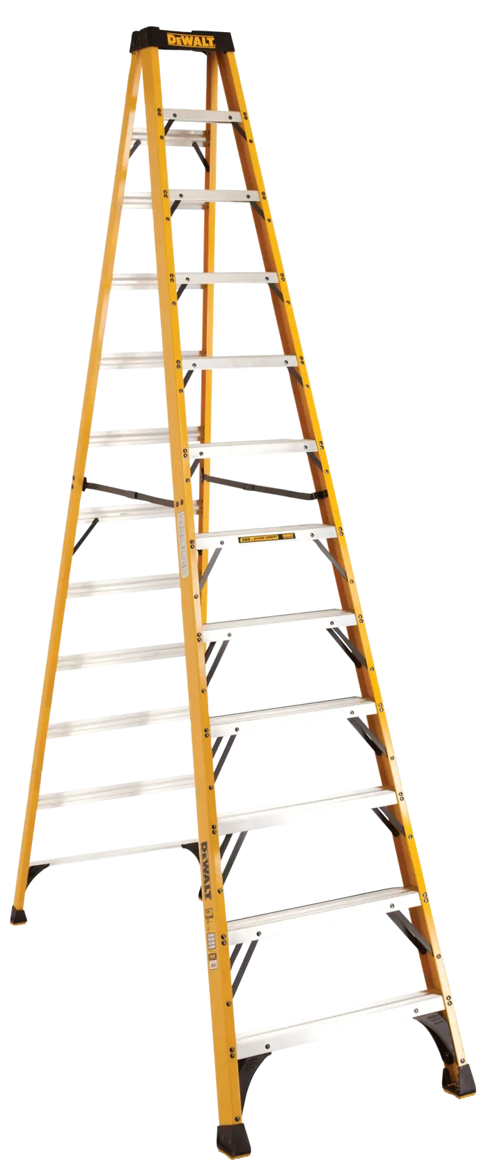 A yellow step ladder with multiple aluminum steps, branded DEWALT, standing on a white background.