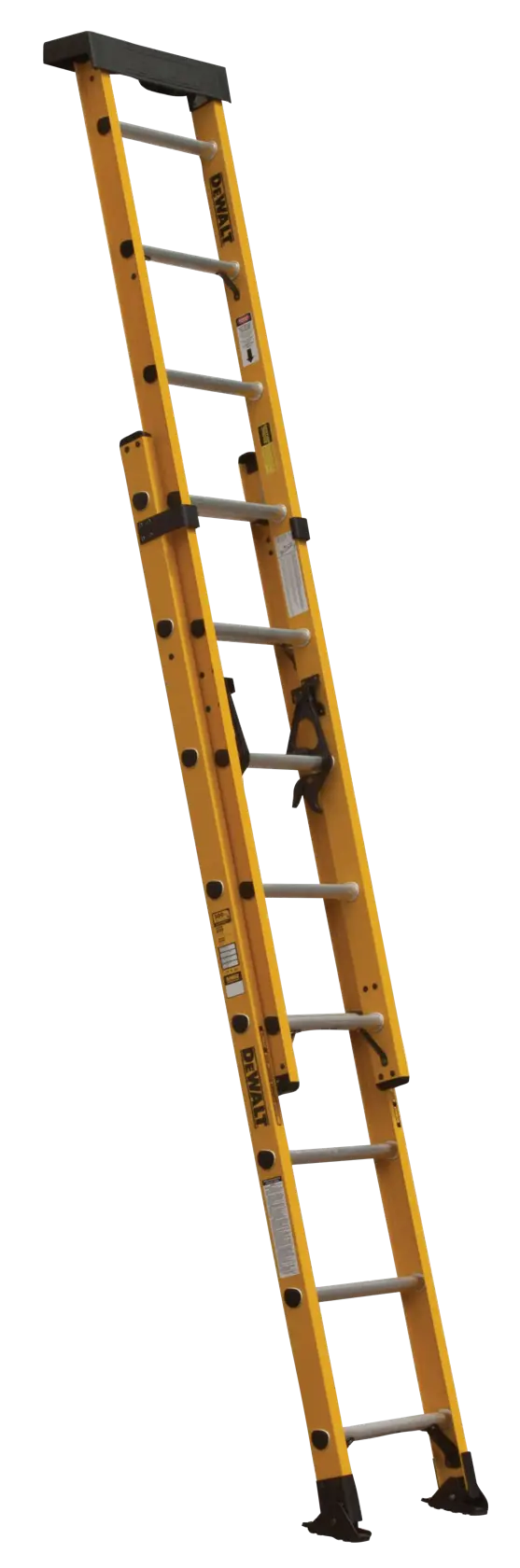 A yellow DEWALT extension ladder with a black top and silver rungs, standing upright against a white background.