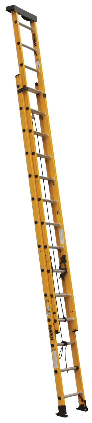 A yellow extension ladder with metal rungs, shown standing upright against a white background.