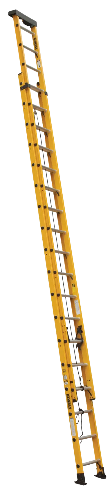 A tall yellow extension ladder with black safety feet, designed for professional use, standing upright against a white background.
