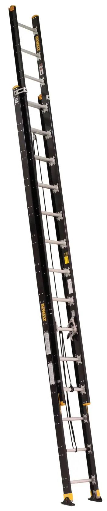 A black extension ladder with yellow safety features, shown extended and standing upright on a white background. The ladder is branded DEWALT.