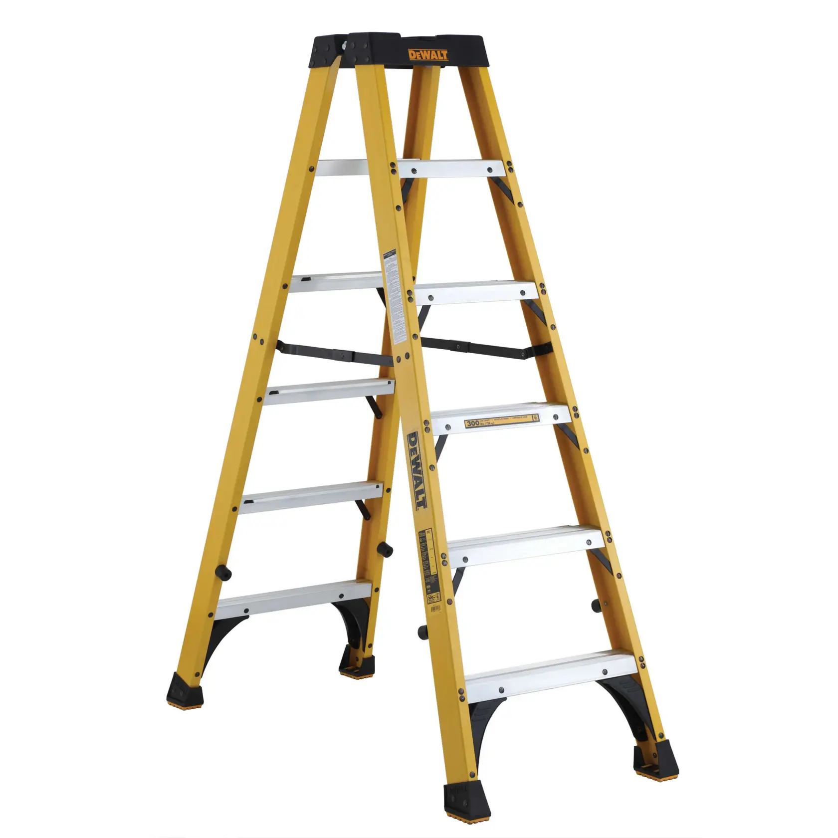 A yellow DEWALT step ladder with six steps and a black top platform. The ladder has sturdy aluminum steps and reinforced side rails, designed for stability and safety.