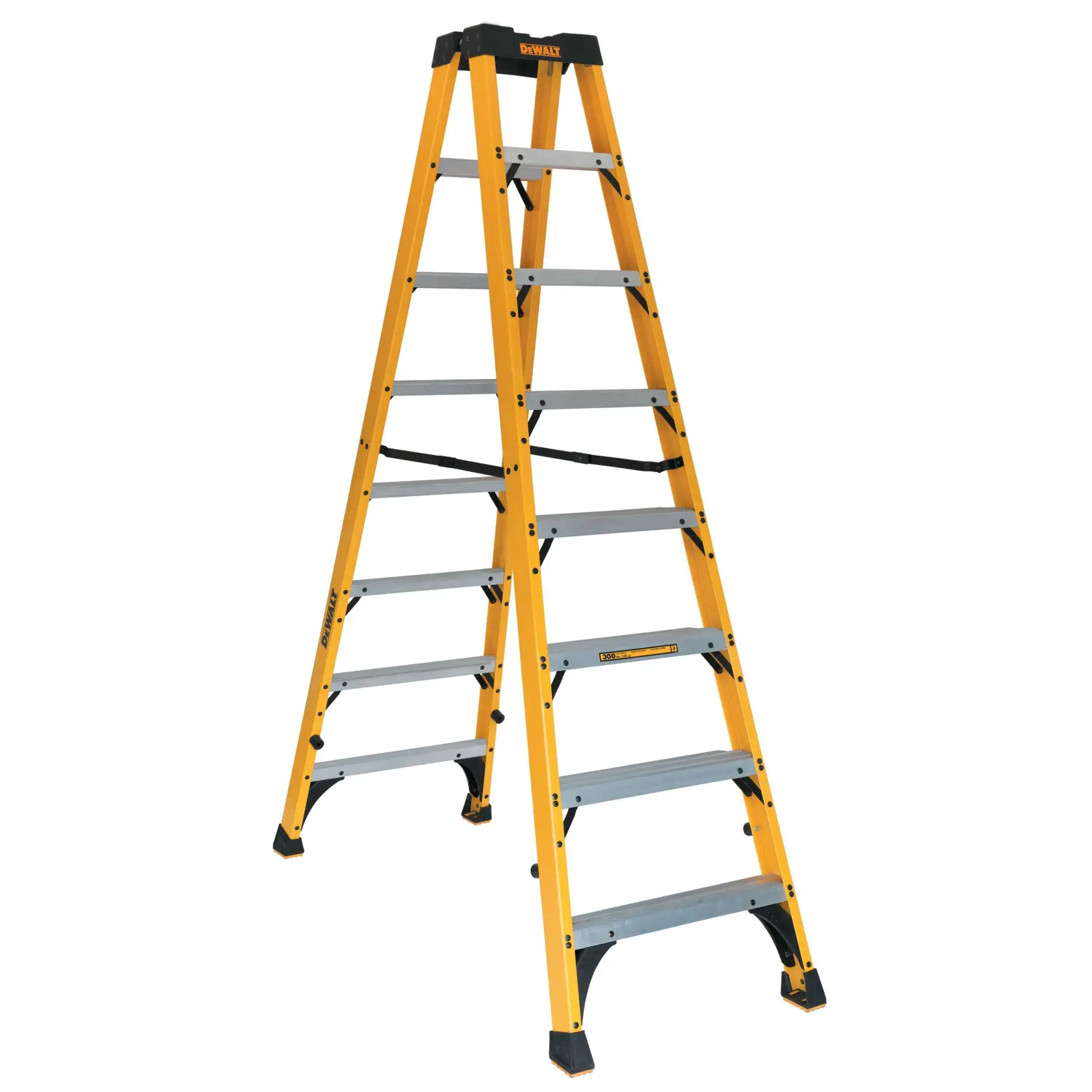A yellow and black DEWALT step ladder with eight steps, made of sturdy material, standing open on a white background.