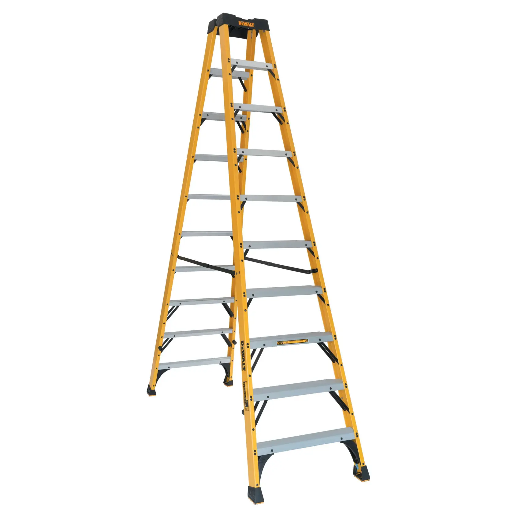A tall step ladder with yellow sides and silver steps, branded DEWALT, standing upright on a white background.