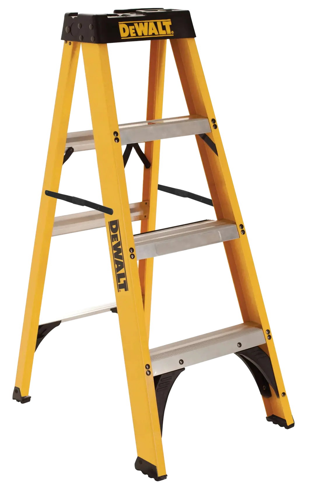 A yellow DEWALT step ladder with four steps, constructed from metal and fiberglass, shown standing open on a white background.