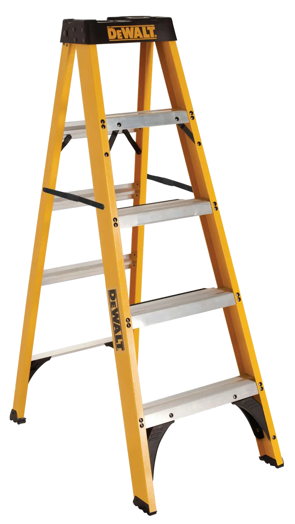 A yellow DEWALT step ladder with five steps and a black top, designed for stability and support, standing on a white background.