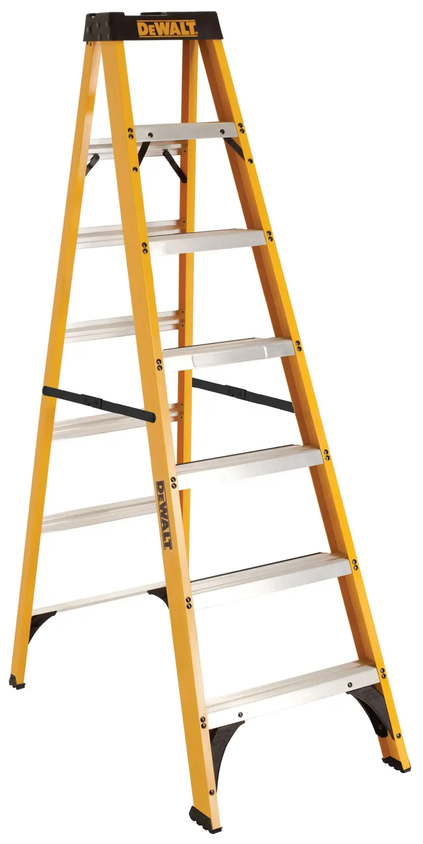 A yellow and black DEWALT step ladder with seven steps, made of metal and fiberglass, shown standing upright on a white background.