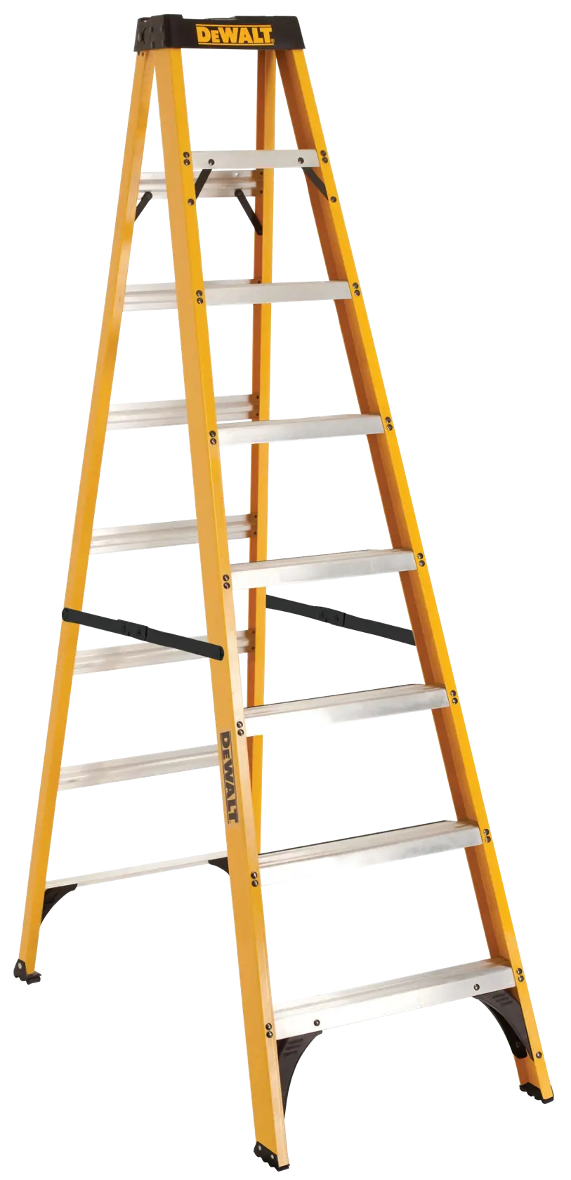 A DEWALT brand yellow fiberglass step ladder with eight steps, suitable for construction or household use, standing on a white background.