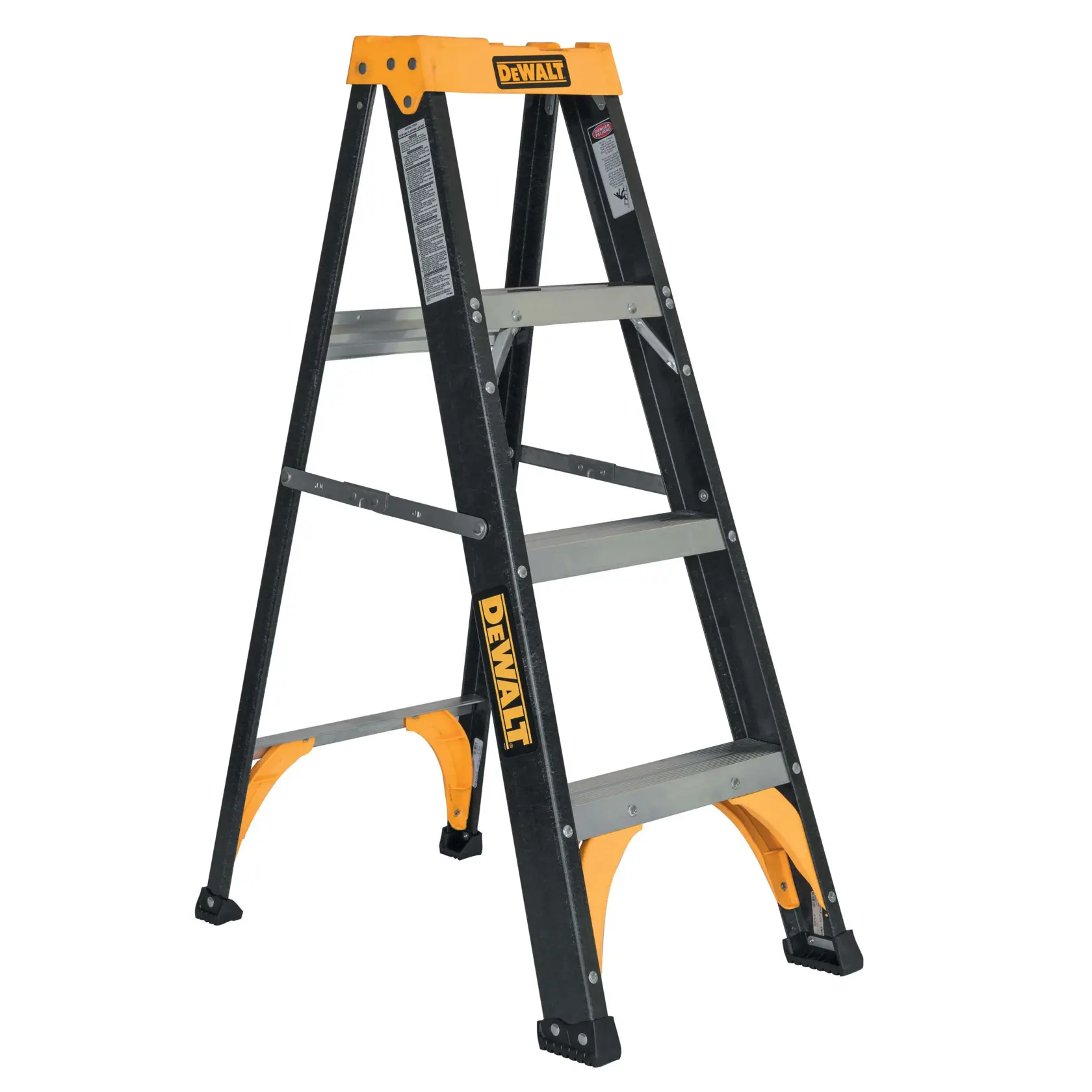 A black and yellow DEWALT step ladder with four steps, designed for durability and stability, shown against a white background.