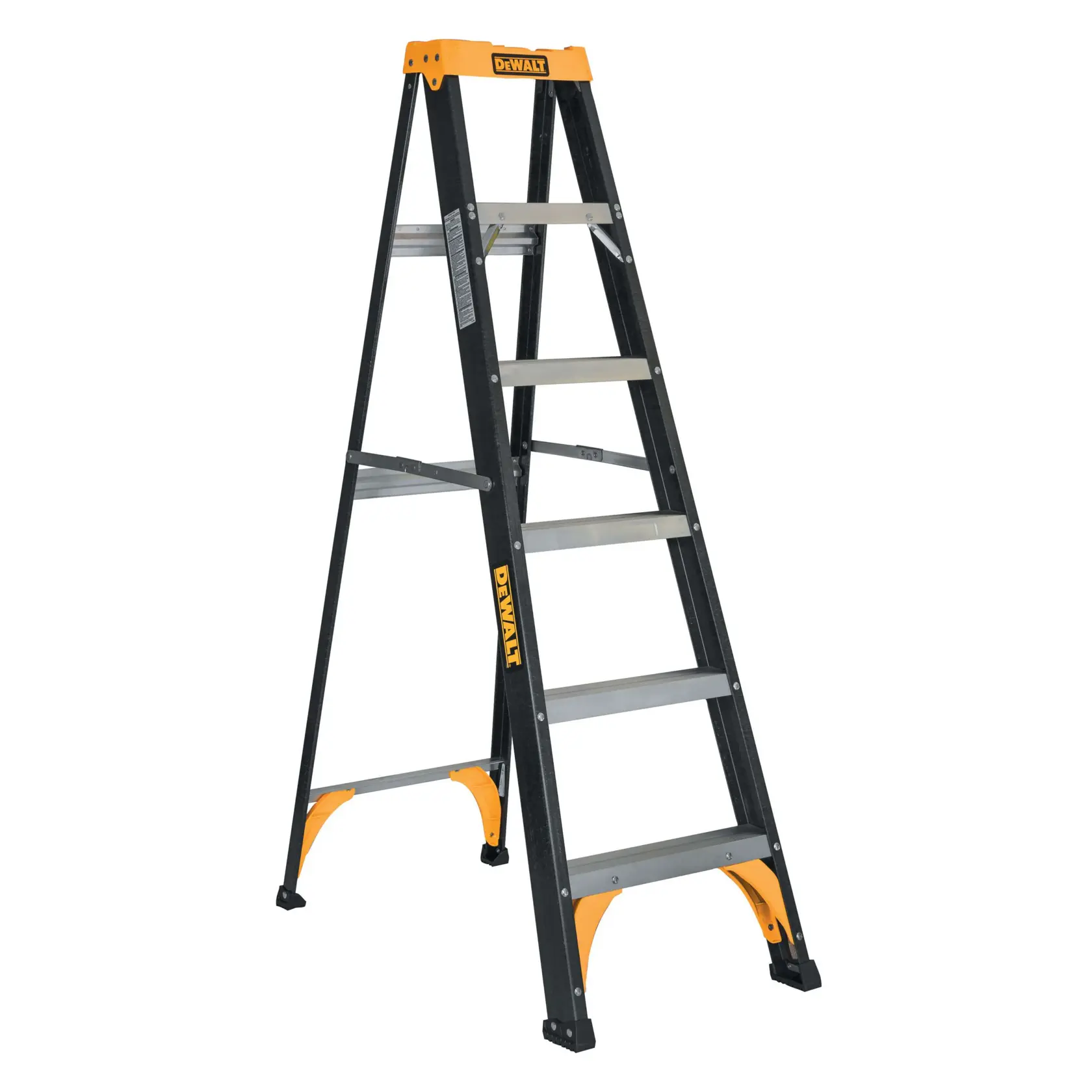 A six-foot DEWALT step ladder with black and yellow accents, featuring wide aluminum steps and a sturdy fiberglass frame, standing upright against a white background.