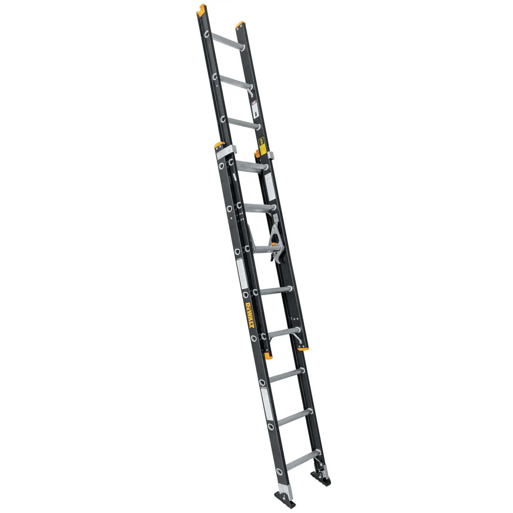 A black and yellow DEWALT extension ladder with silver rungs, shown fully extended on a white background.