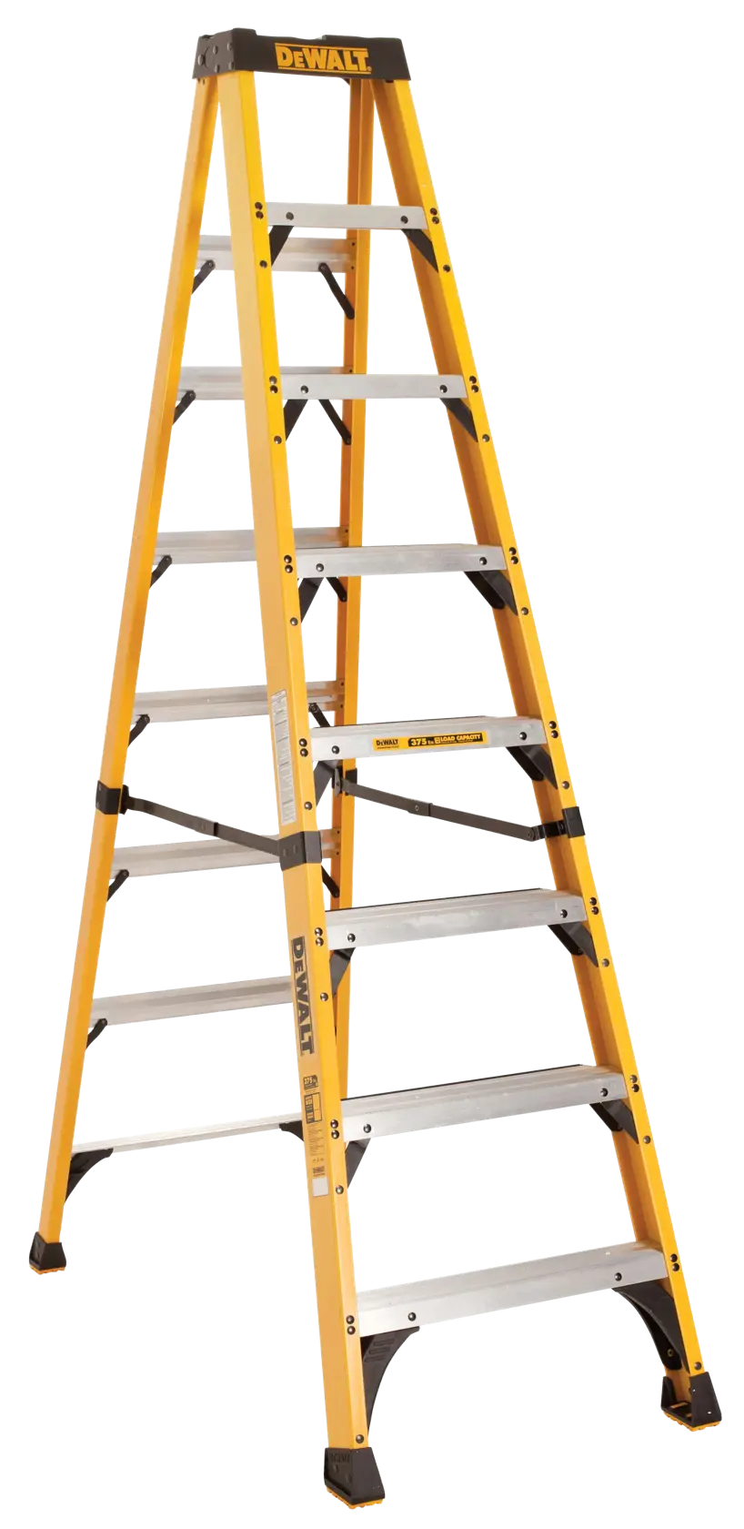 A yellow DEWALT step ladder with eight steps, constructed with aluminum and fiberglass, shown standing open on a white background.