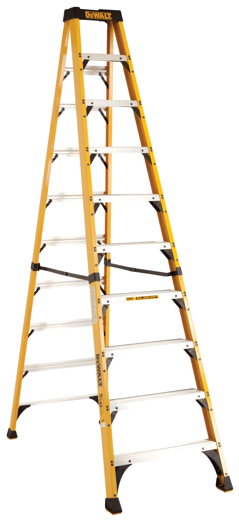 A yellow DEWALT step ladder with multiple rungs, designed for stability and support. The ladder is standing open on a white background.