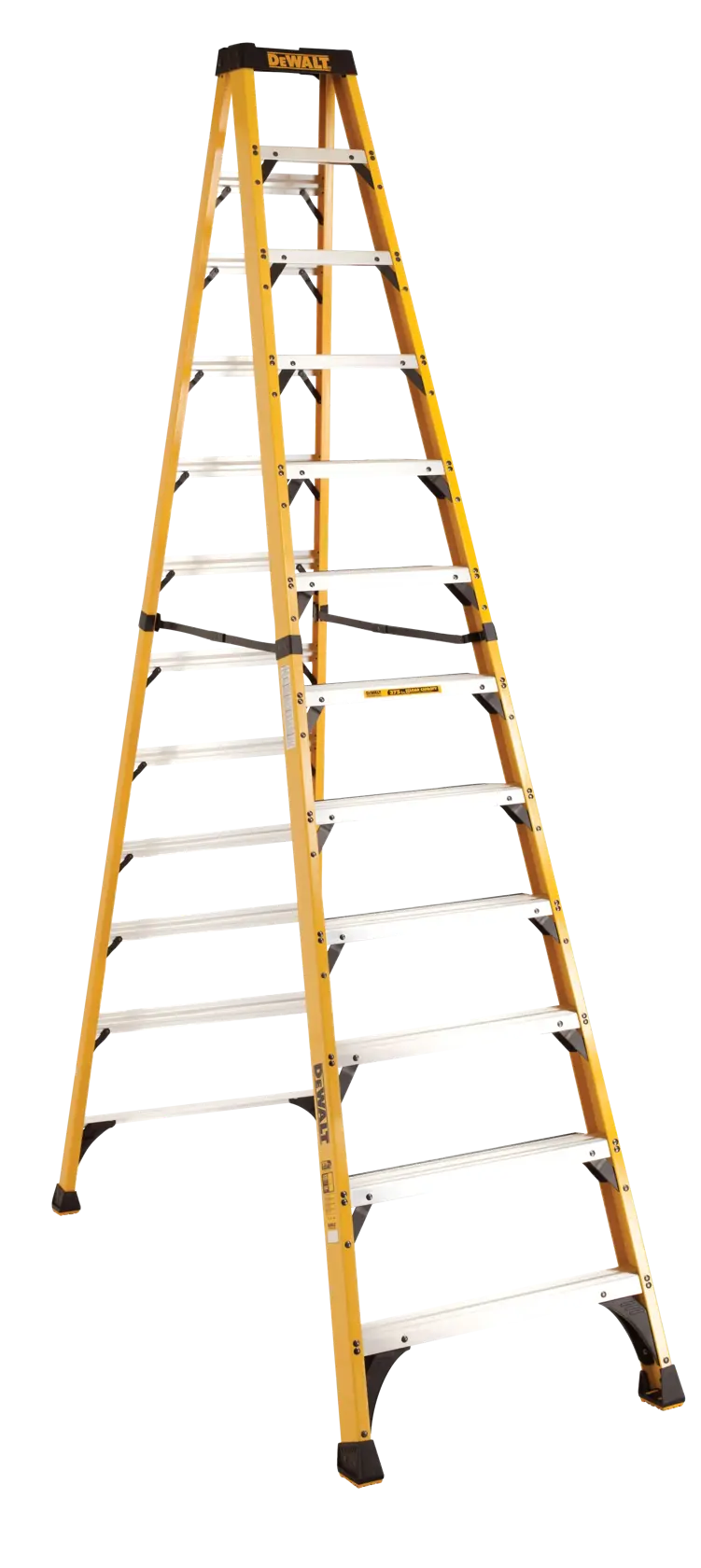 A yellow and silver DEWALT step ladder with twelve steps and black rubber feet, standing upright on a white background.