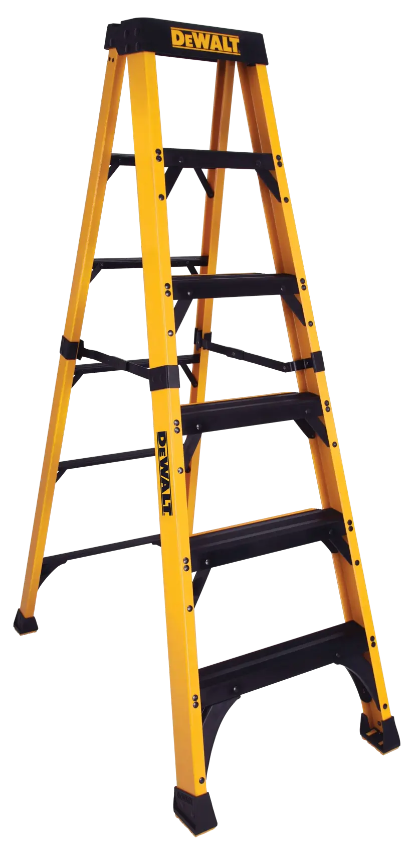 A DEWALT yellow and black step ladder with six steps, standing upright on a white background.