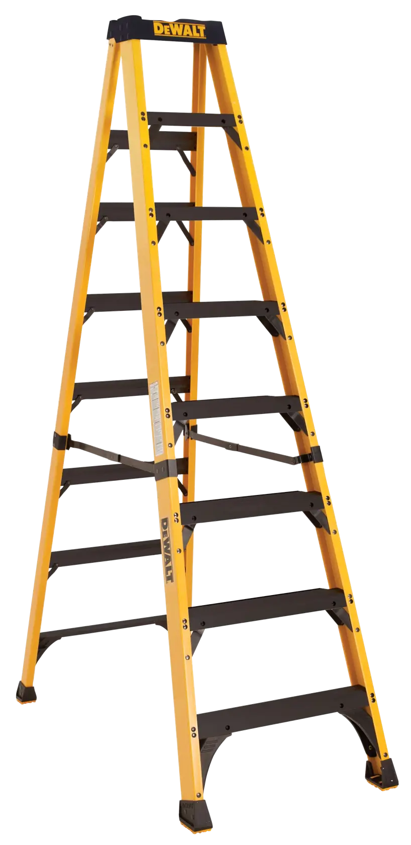A yellow and black DEWALT step ladder with eight wide steps, shown standing upright against a white background.