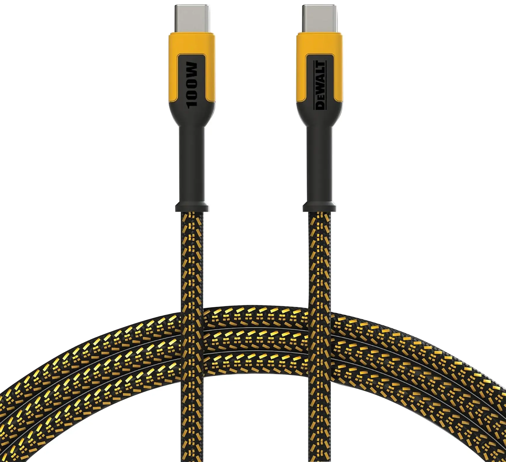 DEWALT braided USB-C to USB-C cable, featuring black and yellow connectors. The cable is designed for durability and displays '100W' and 'DEWALT' labels on the connectors.