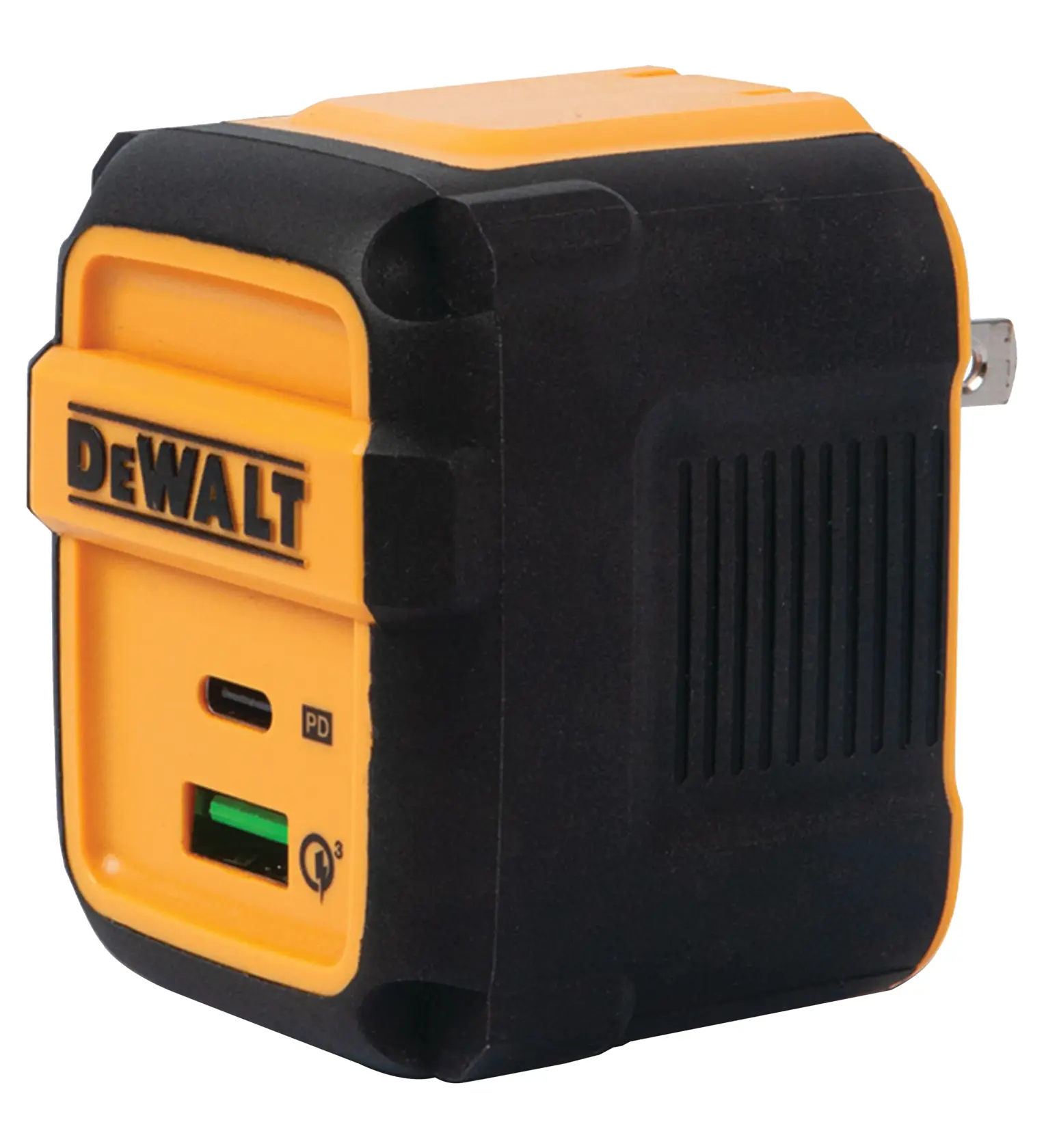 A DEWALT branded wall charger with a rugged yellow and black design, featuring a USB-C port and a USB-A port. The charger is compact and intended for powering or charging devices.