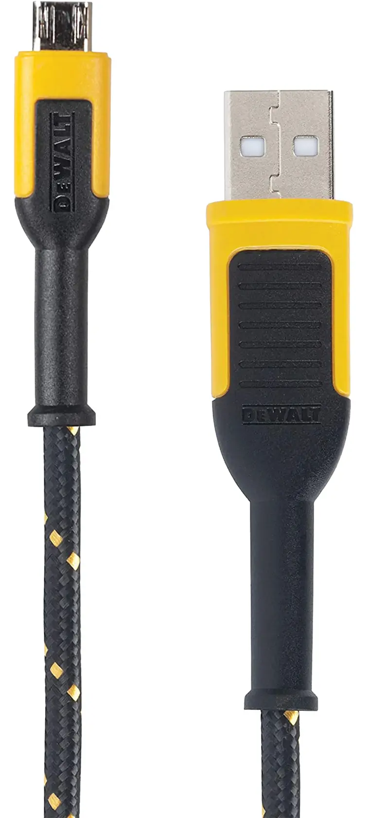 A DEWALT braided USB to micro USB cable with black and yellow connectors, designed for durability and use in photography and electronic devices.