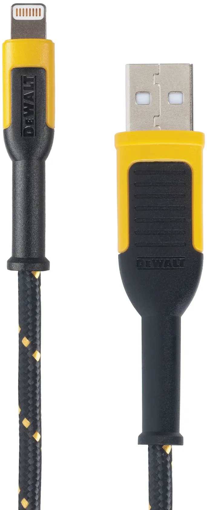 A DEWALT-branded USB to Lightning cable with a braided black and yellow exterior. The cable features reinforced connectors for durability.