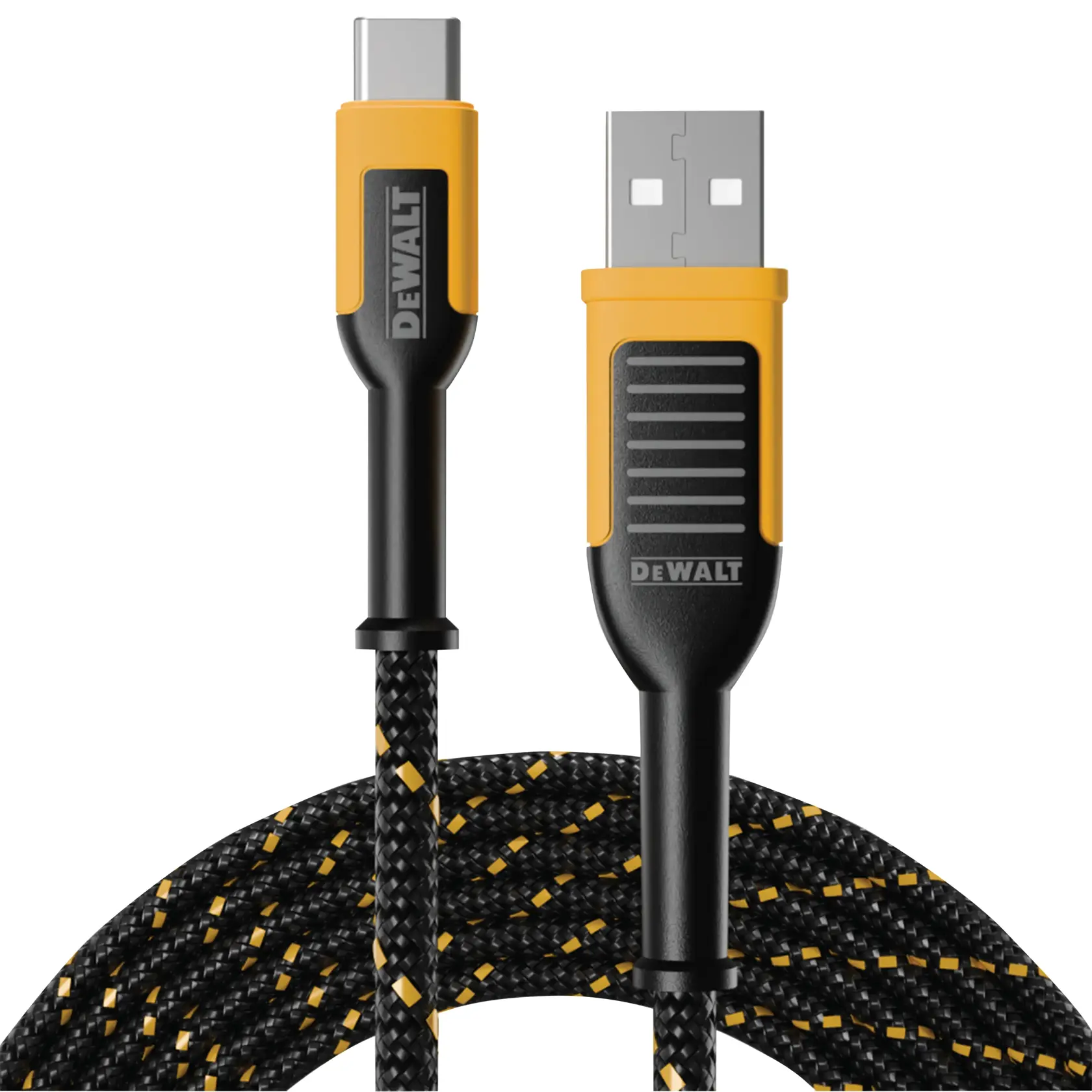Close-up of a DEWALT brand USB-A to USB-C braided cable, featuring yellow and black connectors and a durable black and yellow patterned cable.