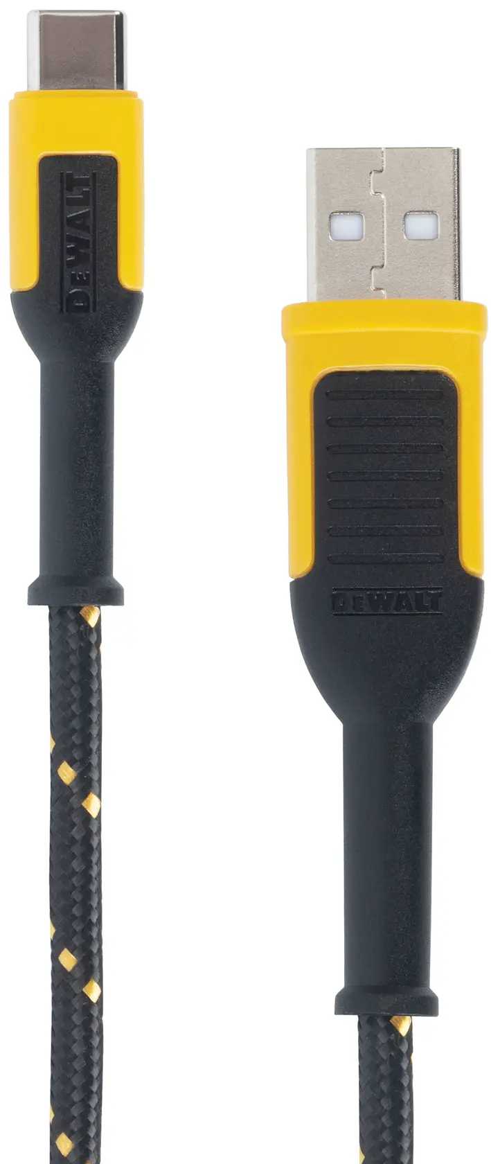 A DEWALT braided USB-A to USB-C cable with a black and yellow rugged design, shown with both connectors visible.