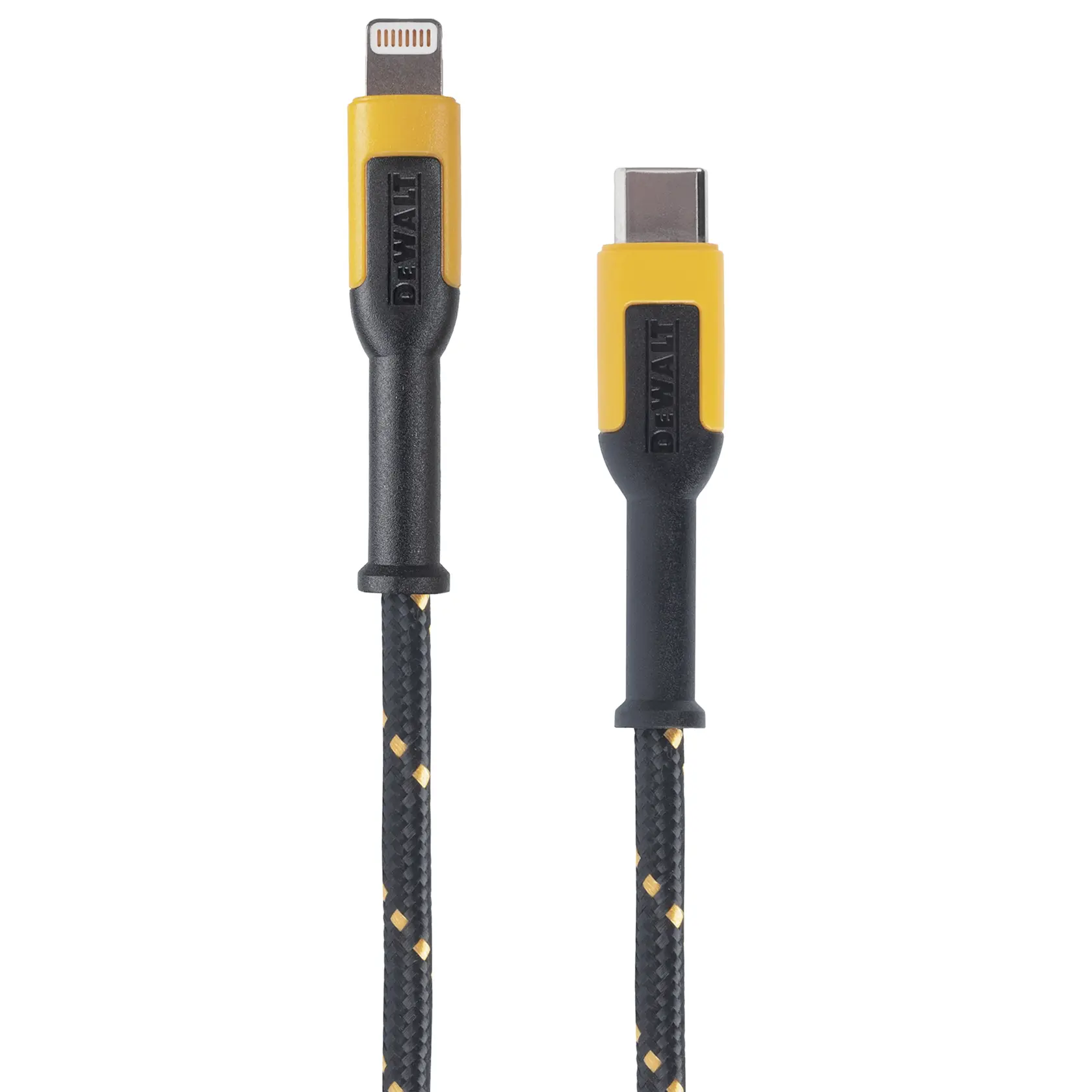 DEWALT braided charging cable with a USB-C connector on one end and a Lightning connector on the other, shown in black and yellow.