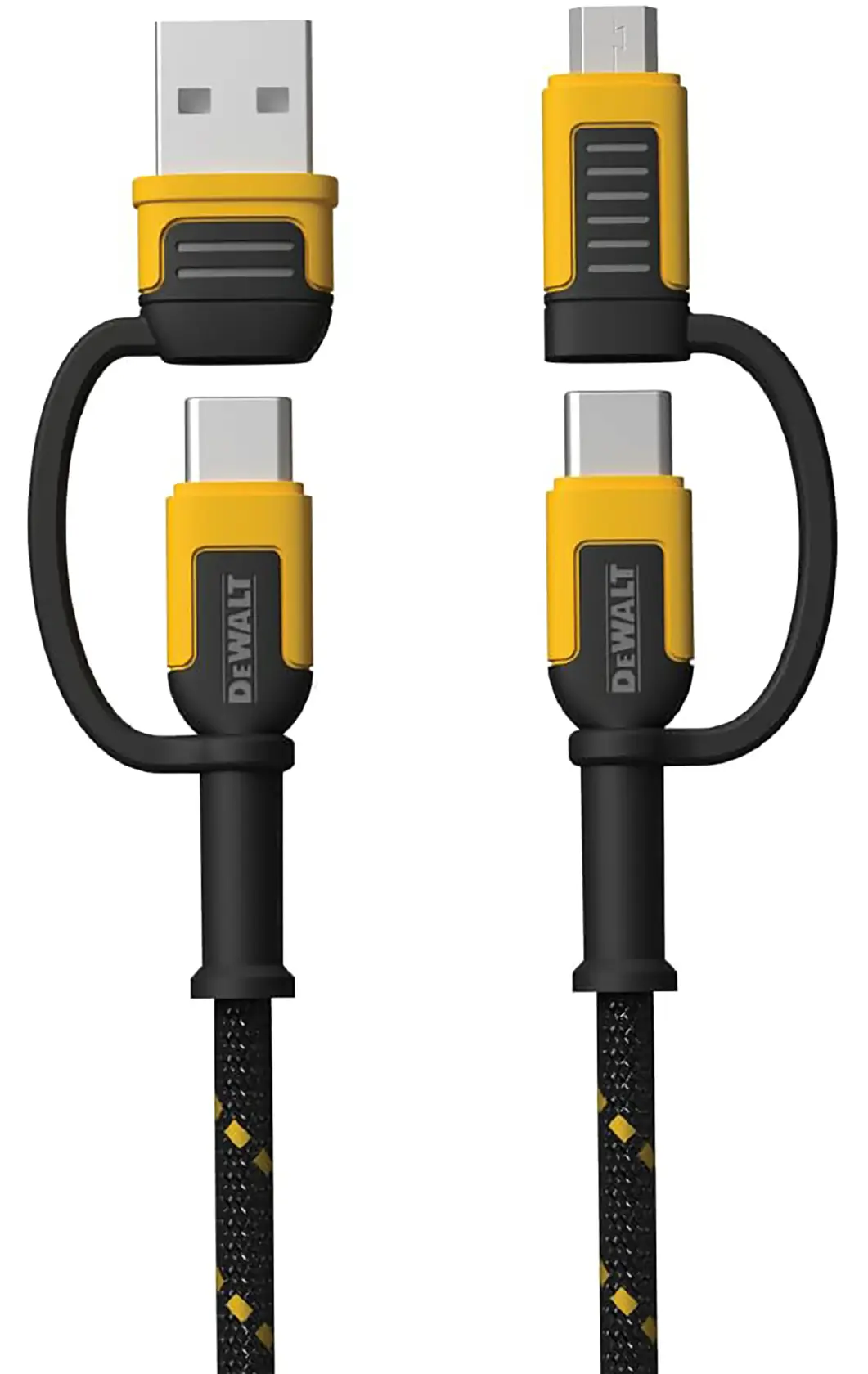 DEWALT multi-connector USB cable featuring USB-A, USB-C, and Micro-USB connectors with yellow and black durable design.