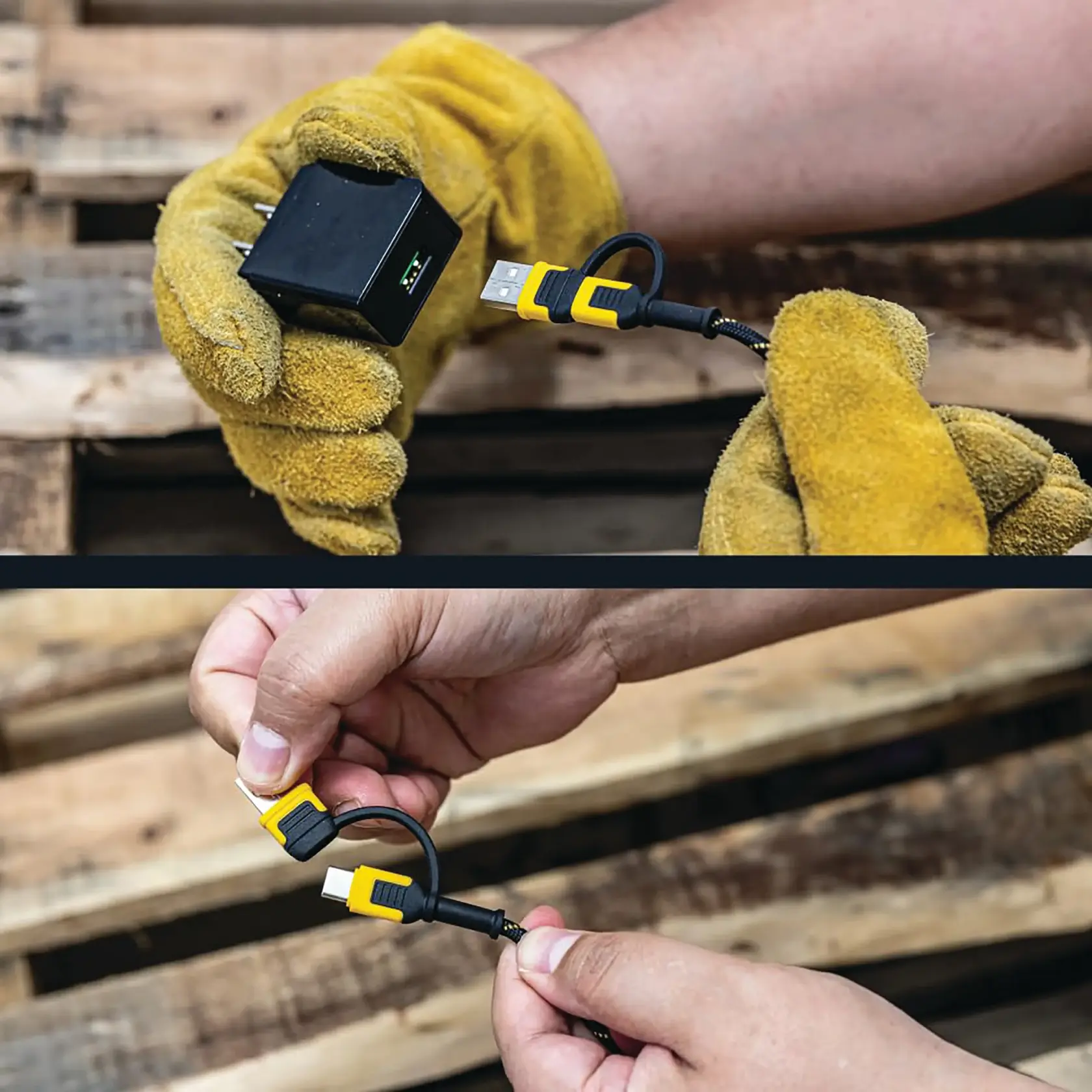 Two images showing hands holding a DEWALT USB charging cable. In the top image, a person wearing yellow work gloves is holding a USB wall charger and a USB cable. In the bottom image, bare hands are holding the same DEWALT USB charging cable with yellow and black connectors, shown against a background of wooden pallets.