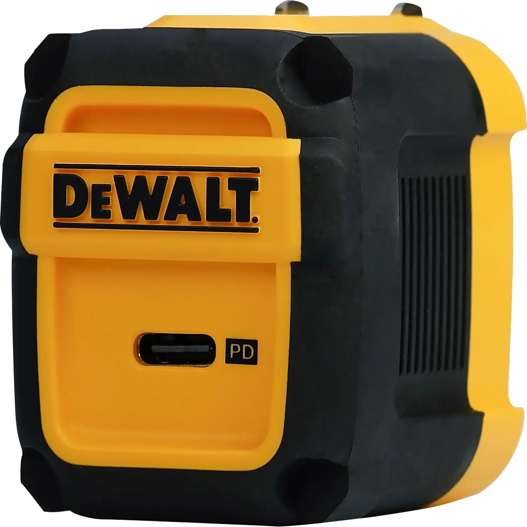 Close-up view of a DEWALT device featuring a yellow and black rugged design with a USB-C PD port on the front.