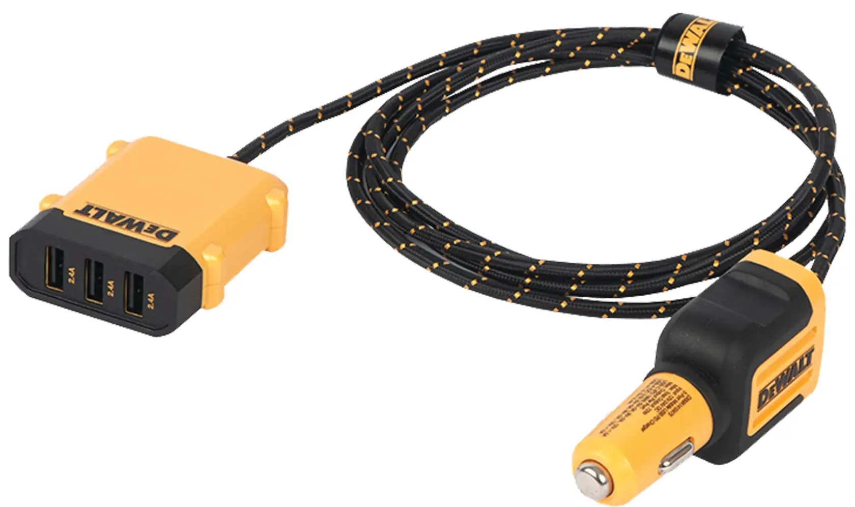 A DEWALT branded yellow and black car charger with a braided cable, featuring three USB ports on one end and a 12V cigarette lighter adapter on the other end.