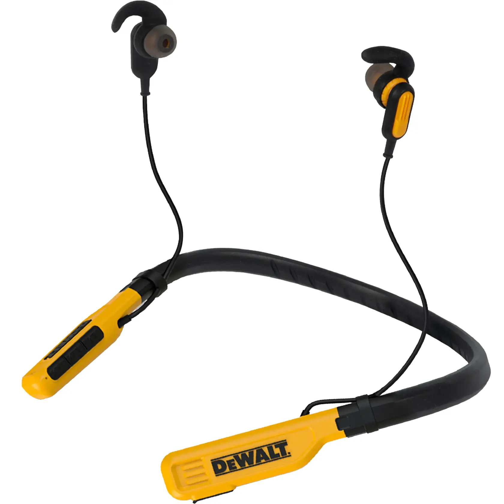 A pair of DEWALT branded yellow and black wireless neckband earbuds with ear hooks, suitable for use on job sites or for photography.