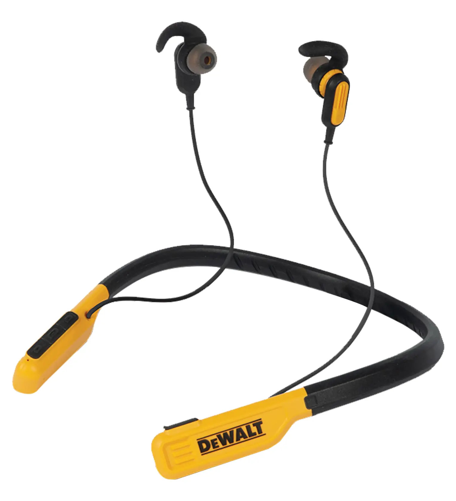 DEWALT branded wireless neckband earphones with a yellow and black design, featuring in-ear earbuds and ear hooks for secure fit.