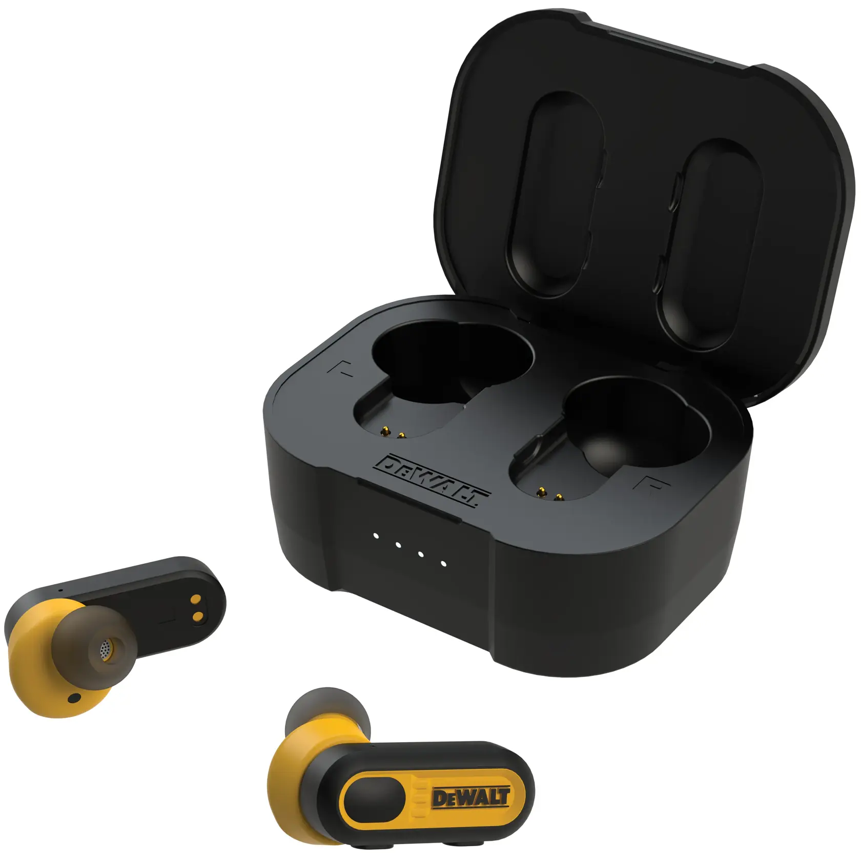 A pair of DEWALT wireless earbuds in black and yellow color, shown with their open charging case. The case has two slots for the earbuds and the DEWALT logo on the front.