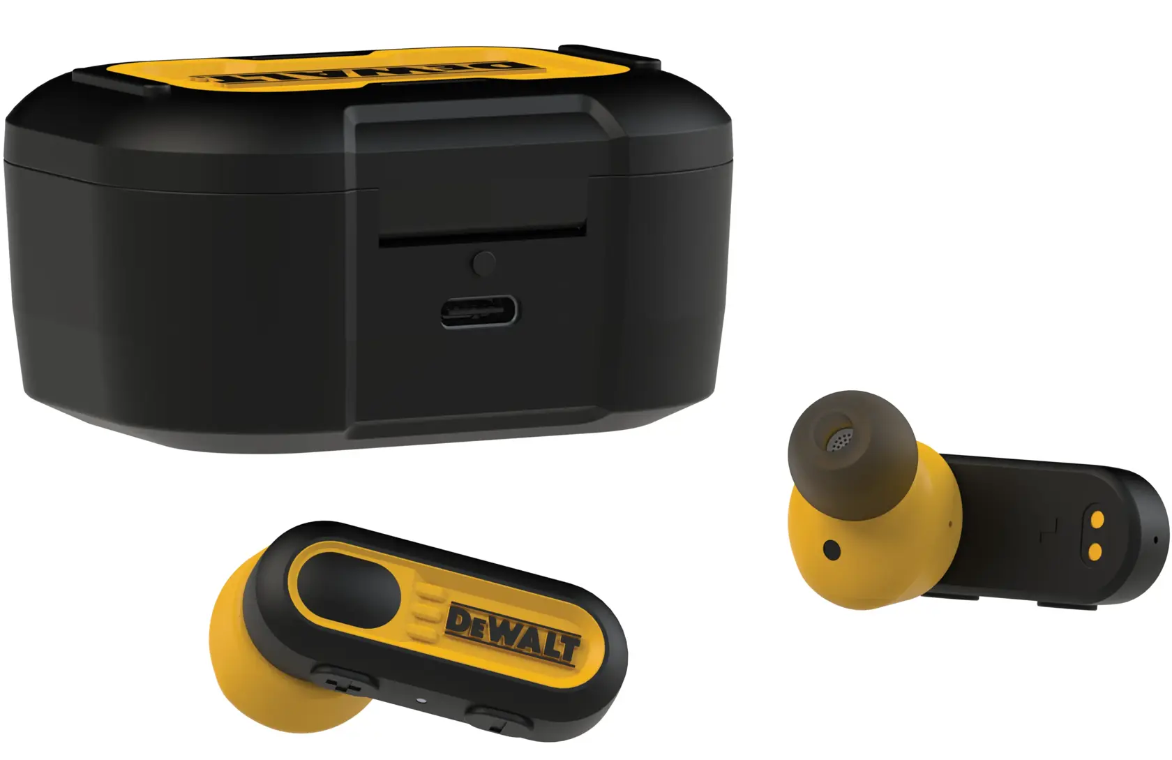 A pair of DEWALT wireless earbuds with a black and yellow charging case. The earbuds feature a yellow and black color scheme, and the charging case has a USB-C port on the front.