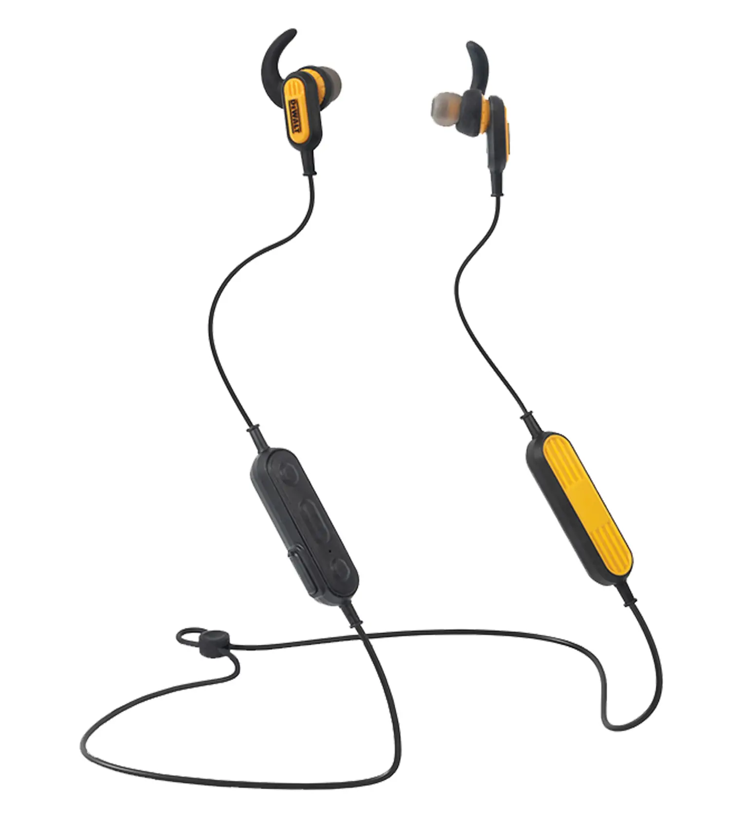A pair of DEWALT branded wireless in-ear headphones with black and yellow design, featuring ear hooks and a connecting cord with controls.