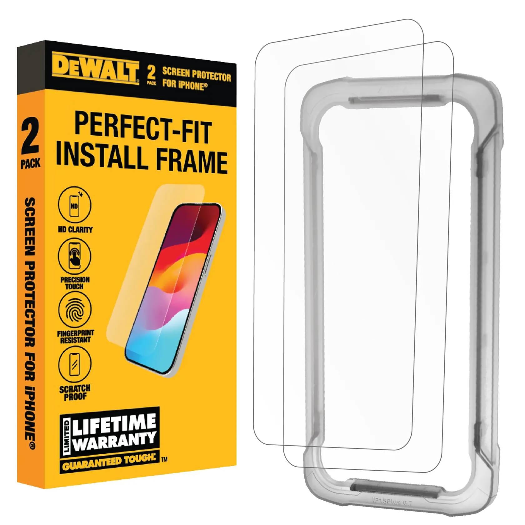 DEWALT Perfect-Fit Install Frame screen protector for iPhone, 2 pack. The packaging is yellow and black, highlighting features such as HD clarity, precision touch, fingerprint resistance, scratch proof, and a limited lifetime warranty. Two clear screen protectors and an installation frame are shown next to the box.