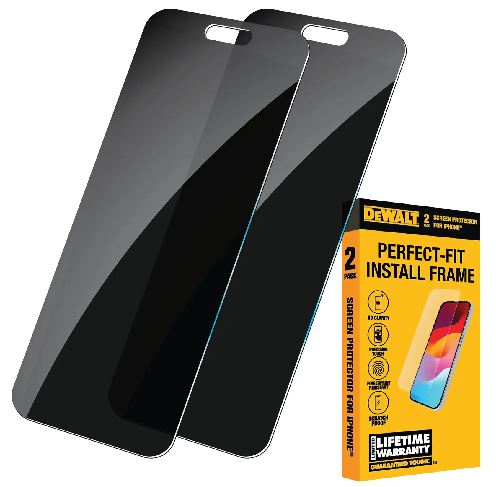 DEWALT 2-pack screen protector set for iPhone, shown with two glass screen protectors and a yellow box labeled 'Perfect-Fit Install Frame'. The packaging highlights features such as HD clarity, precision touch, fingerprint resistance, and scratch resistance, and mentions a lifetime warranty.