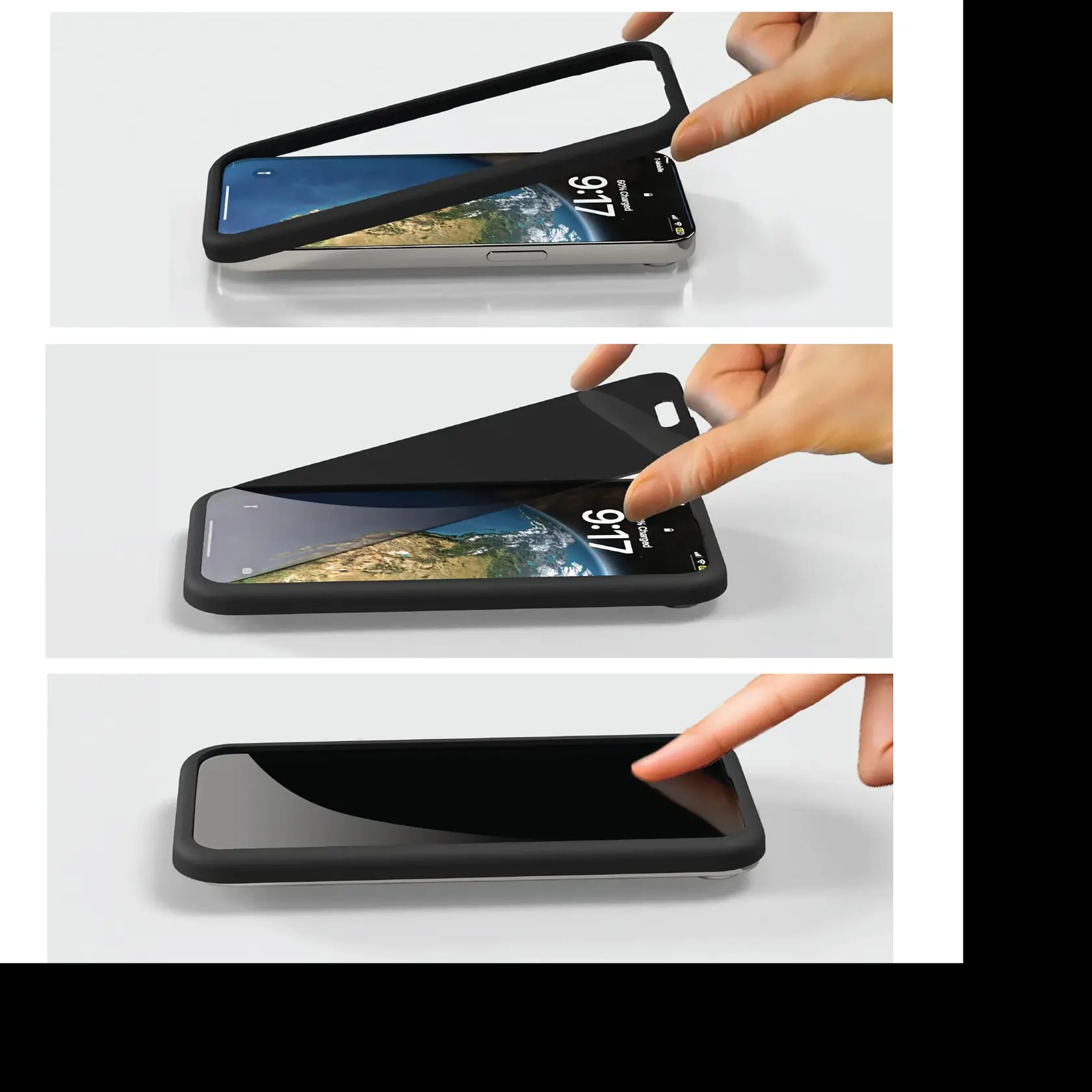 Three-step image showing how to apply a protective screen cover to a smartphone. The first step shows a hand placing the flexible cover frame over a phone. The second step shows the hand peeling the cover onto the phone's screen. The third step shows the hand smoothing the cover flat on the phone.