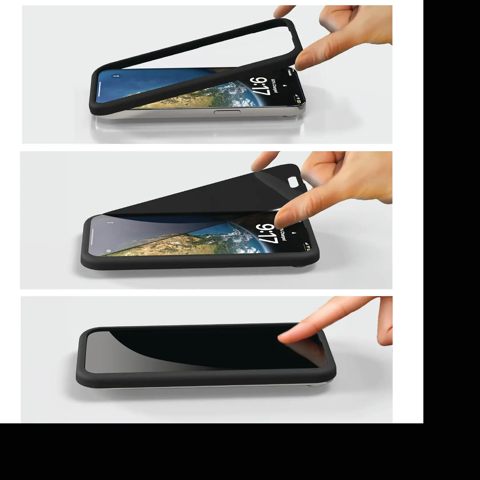 Three-panel image showing the process of installing a black protective case and screen cover onto a smartphone. The first panel shows a hand placing the case over the phone. The second panel shows a hand stretching the cover across the screen. The third panel shows a finger pressing the screen through the installed cover.
